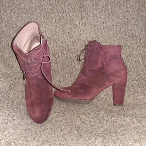 GADEA-Plum Suede Lace-Up/Side Zip-Ankle Booties-Block Heel-Sz 37-Near Mint